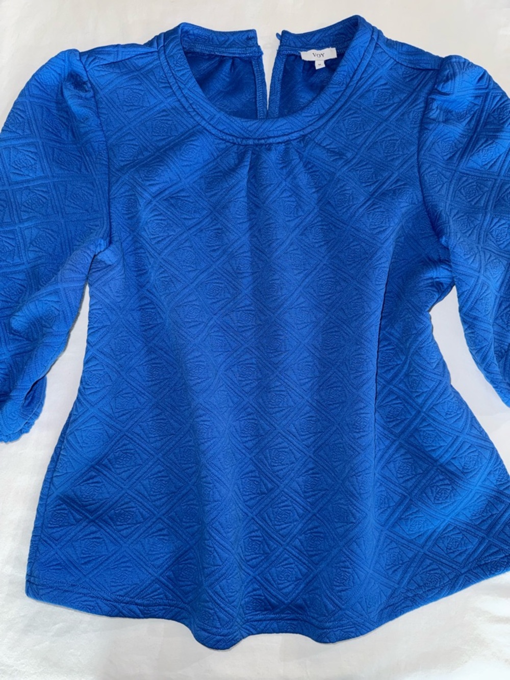 VOY Textured Floral Royal Blue Women's Puff Sleeve Top M